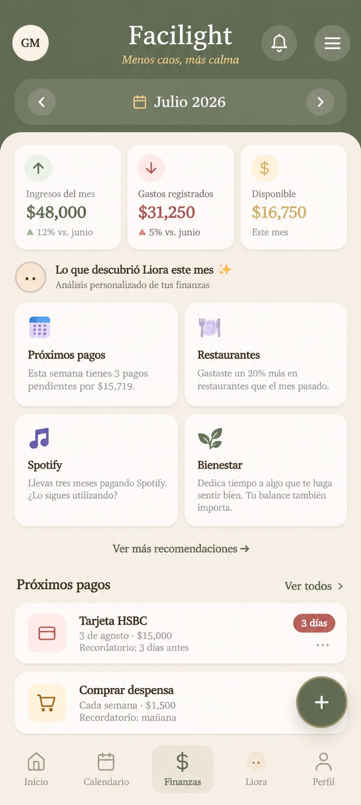 Pantalla de finanzas de Facilight con ingresos, gastos y próximos pagos