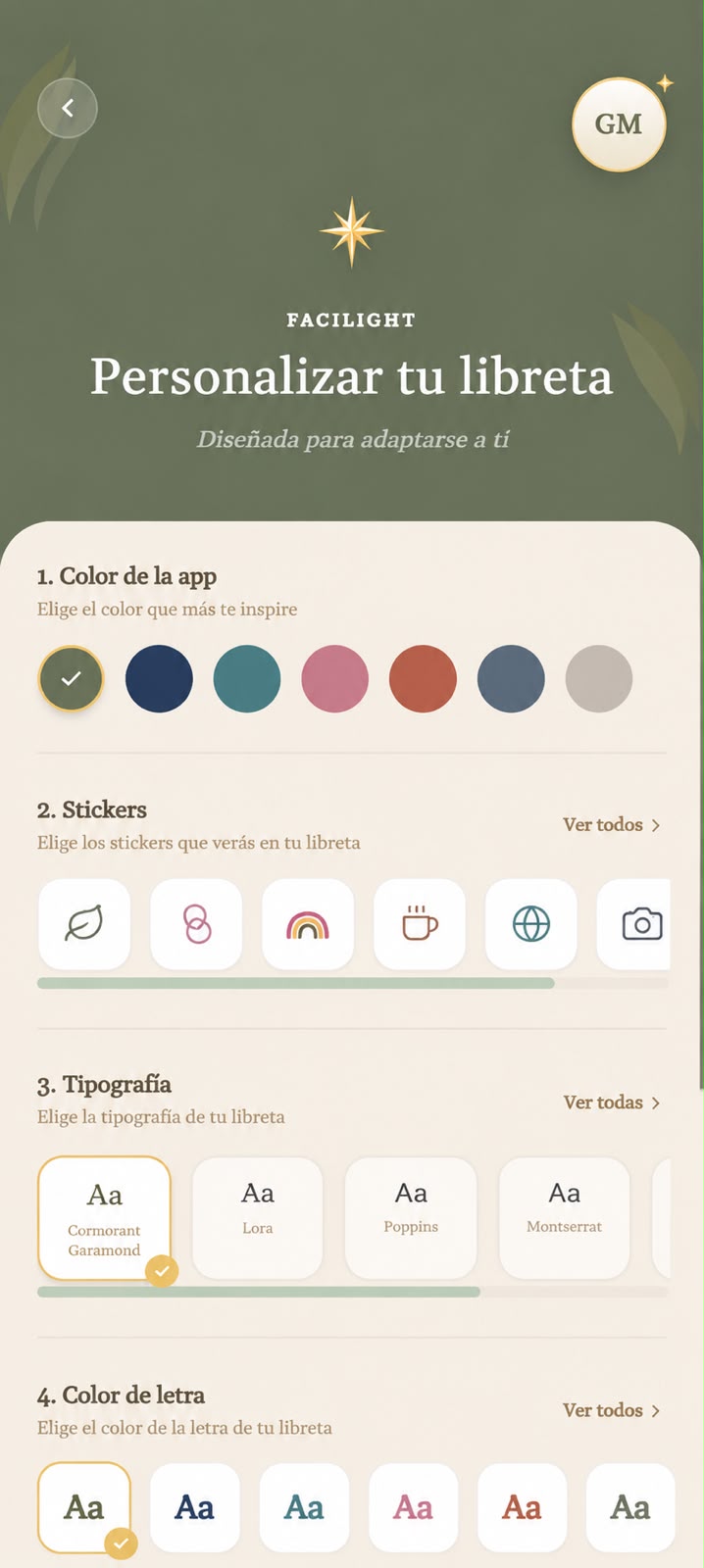 Pantalla de Facilight para personalizar colores, stickers y tipografías